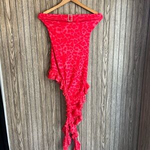 y2k Red Pink Mesh Cheetah Print Ruffle Diamond Brooch Embellished Halter Dress